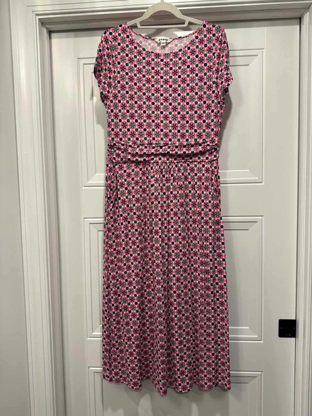 Boden Amelie Midi Dress Pink Green Geometric Pattern Size 10